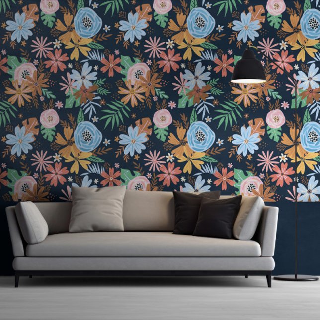 Papel Pintado Patrón de flor negrita grande verde azul (Blue Green Big Bold Flower Pattern Wallpaper from Ricaso. 

Bold choice for the trendy designer home)