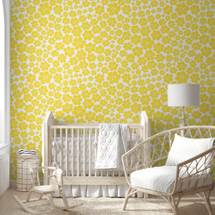 Papel Pintado Patrón de flores - Amarillo limón y blanco