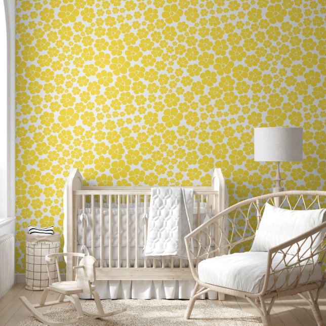 Papel Pintado Patrón de flores - Amarillo limón y blanco (Niños)