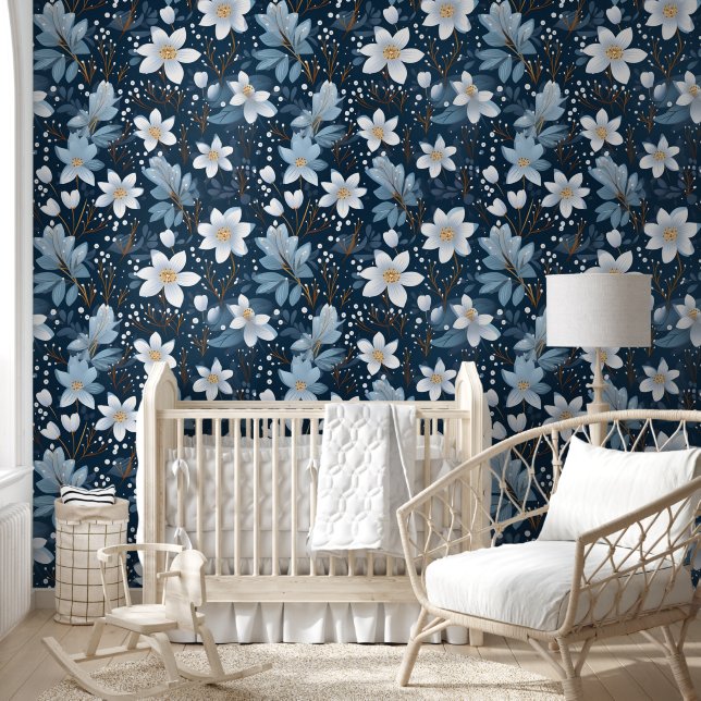 Papel Pintado Patrón de flores blancas de invierno (Niños)