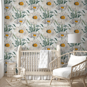 Papel Pintado Patrón de flores de amapola de árbol blanco de Cal