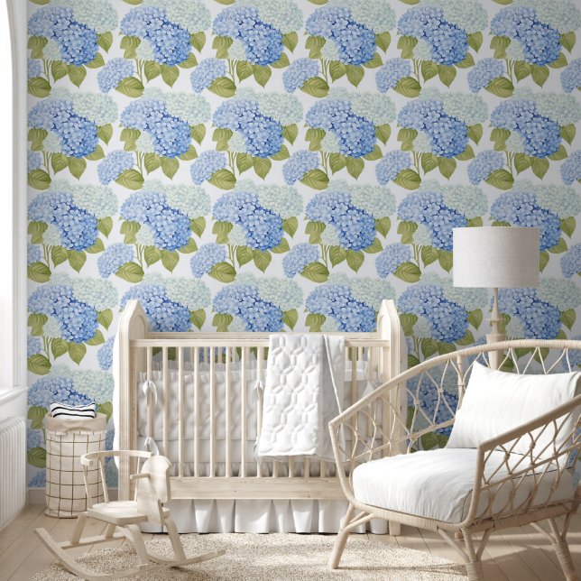 Papel Pintado Patrón de flores de hortensias azules elegantes (Niños)