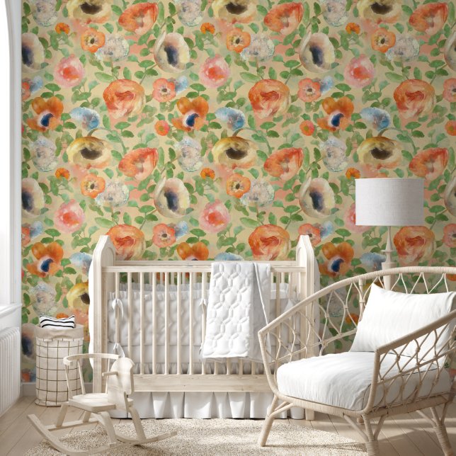 Papel Pintado Patrón de flores de primavera naranja (Niños)