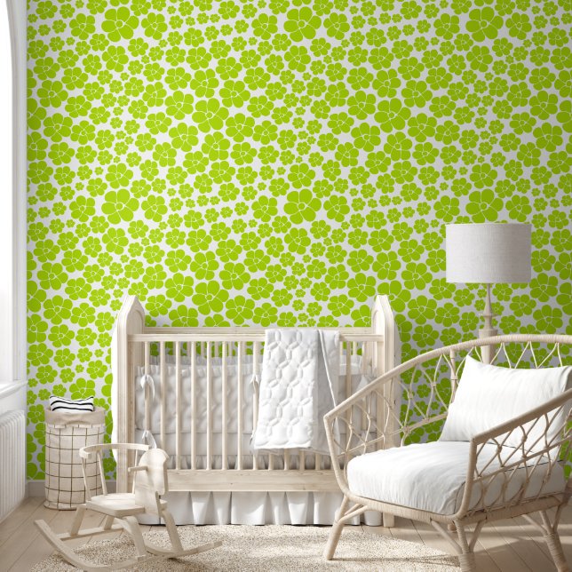 Papel Pintado Patrón de flores en verde lima y blanco  (Niños)