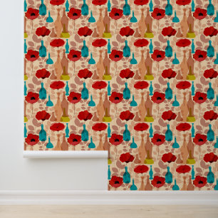 Papel Pintado Patrón de flores, jarrones y botellas