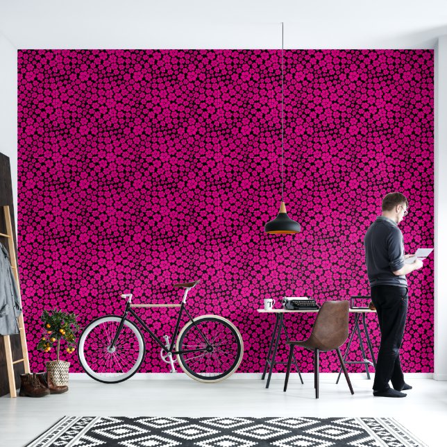 Papel Pintado Patrón de flores - Magenta y negro (Sala de estar)