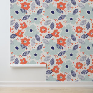 Papel Pintado Patrón de flores moderadas naranja y azul