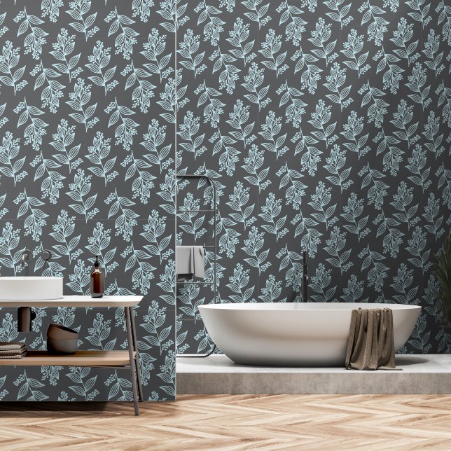 Papel Pintado Patrón de flores negras Gris florero oscuro botáni (Baño)
