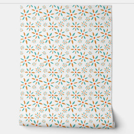 Papel Pintado Patrón De Flores Retro Turquesa Azul Y Naranja