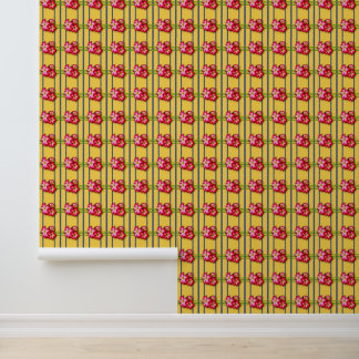 Papel Pintado Patrón de flores rosadas sobre amarillo