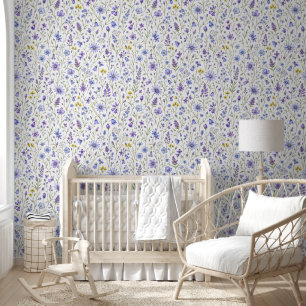Papel Pintado Patrón de flores silvestres acuarela amarillo púrp