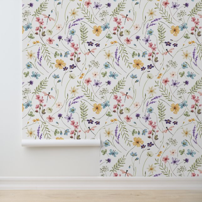 Papel Pintado Patrón de flores silvestres, mariposas y libagonfl (Solicitud)