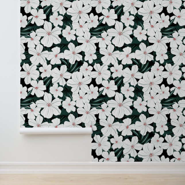 Papel Pintado Patrón de flores tropicales blancas (Solicitud)