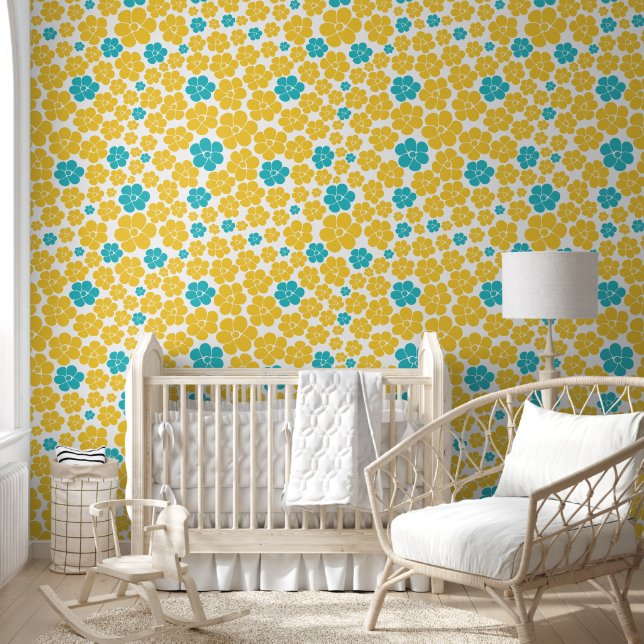 Papel Pintado Patrón de flores - Turquesa y amarillo (Niños)