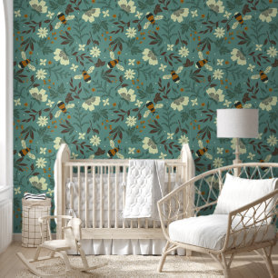 Papel Pintado Patrón de flores y abejas
