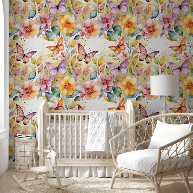 Papel Pintado Patrón de flores y mariposas acuarela (Niños)