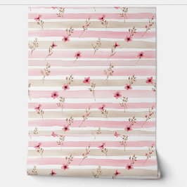 Papel Pintado Patrón de franja floral de acuarela rosa
