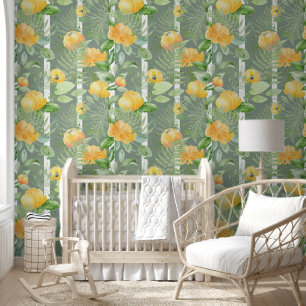 Papel Pintado Patrón de franjas botánicas de floral verde suave