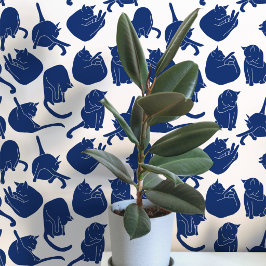Papel Pintado Patrón de Gato Azul y Blanco