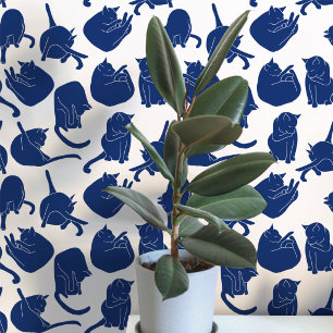 Papel Pintado Patrón de Gato Azul y Blanco