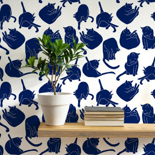 Papel Pintado Patrón de gato azul y blanco