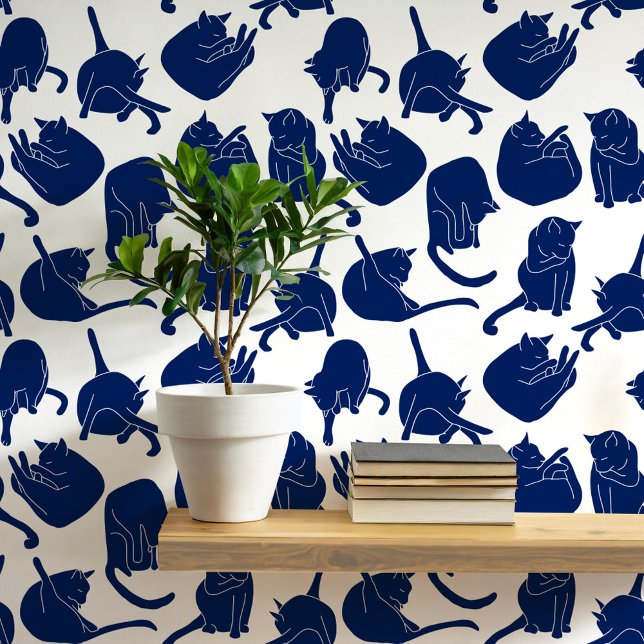 Papel Pintado Patrón de gato azul y blanco (Navy indigo blue and white cat wallpaper)