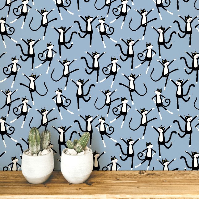 Papel Pintado Patrón de gato bailando azul (Fun black and white tuxedo cat pattern blue peel and stick art wallpaper)
