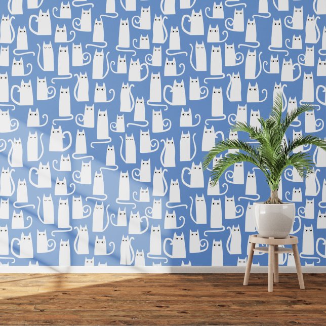 Papel Pintado Patrón de gato blanco divertido en azul (White cats on blue art wallpaper)