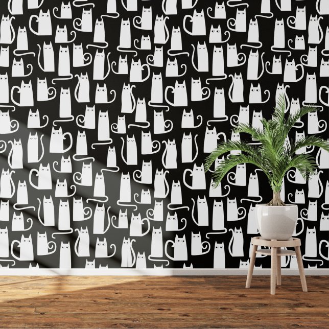 Papel Pintado Patrón de gato blanco y negro divertido (White cats on a black background  art wallpaper)