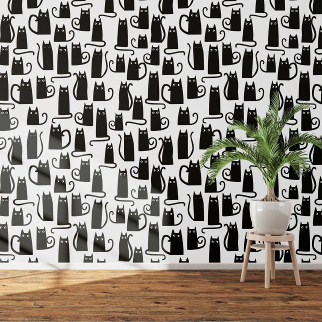 Papel Pintado Patrón de gato blanco y negro divertido (Black cats on white  art wallpaper)