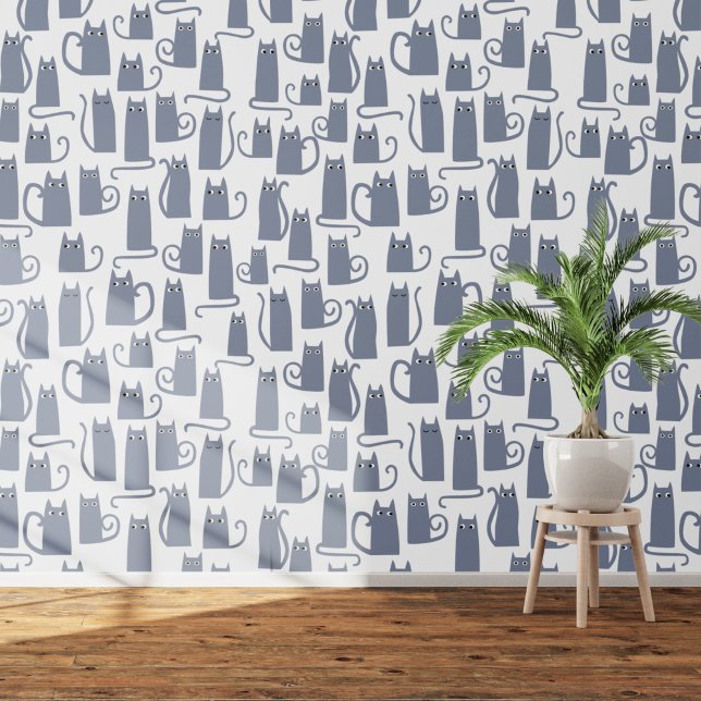 Papel Pintado Patrón de gato gris divertido (Gray cats on white art wallpaper)