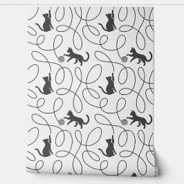 Papel Pintado Patrón de gato negro juguetón y bola de hilo