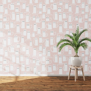 Papel Pintado Patrón de gato rosa y blanco divertido y Rubor