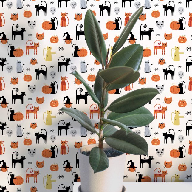 Papel Pintado Patrón de gatos de Halloween (Fun Halloween black and orange cats, pumpkins, witches, zombies and skulls peel and stick wallpaper)