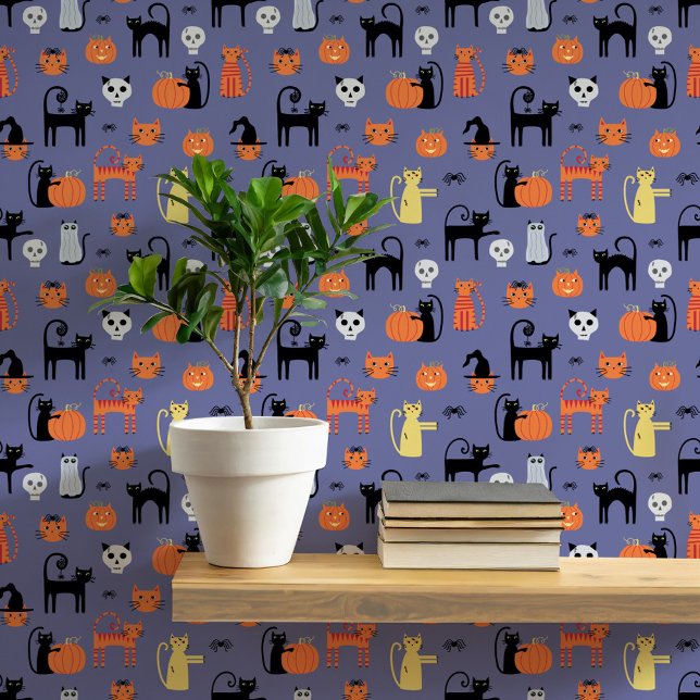 Papel Pintado Patrón de gatos de Halloween (Fun Halloween black and orange cats, pumpkins, witches, zombies and skulls peel and stick wallpaper)