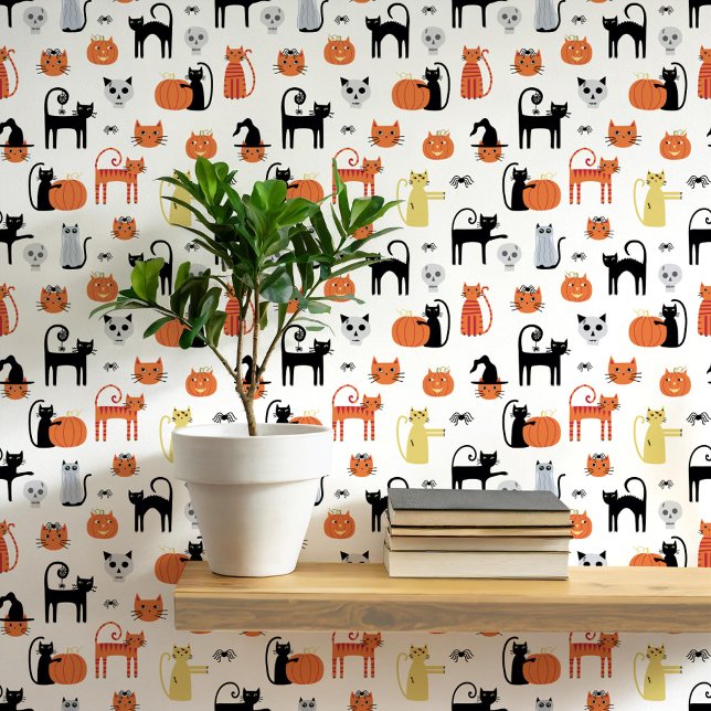 Papel Pintado Patrón de gatos de Halloween (Fun Halloween black and orange cats, pumpkins, witches, zombies and skulls peel and stick wallpaper)
