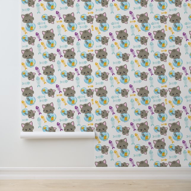 Papel Pintado Patrón de gatos, gatos, gatitos, peces (Solicitud)
