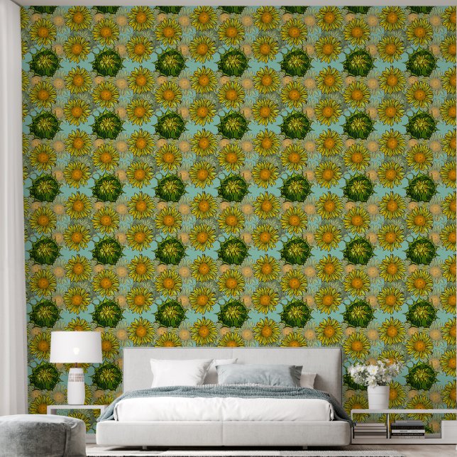 Papel Pintado Patrón de girasoles amarillos con follaje y brotes (Dormitorio)