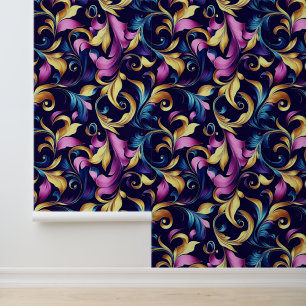 Papel Pintado Patrón De Giro Rosado, Azul, Oro, Hoja