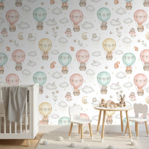Papel Pintado Patrón de Globo Aerostático de Animales del Bosque