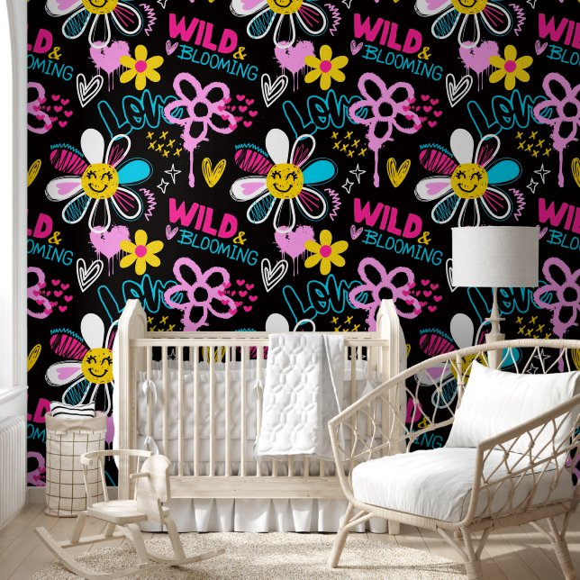 Papel Pintado Patrón de Grafiti de Flor Sonriente de Moda (Niños)