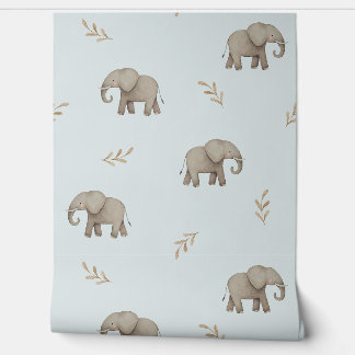 Papel Pintado Patrón de guardería azul polvoriento de elefantes