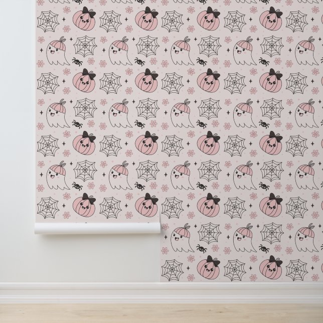 Papel Pintado Patrón de Halloween rosa kawaii con fantasma, cala (Solicitud)
