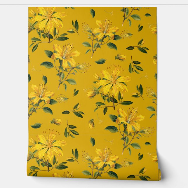 Papel Pintado Patrón de hierbas florales amarillo dorado (Desenrollar)