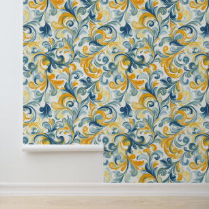 Papel Pintado Patrón de hoja azul y paisley dorada