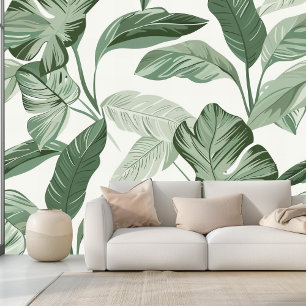 Papel Pintado Patrón de hoja tropical   Verde sabio sin foco