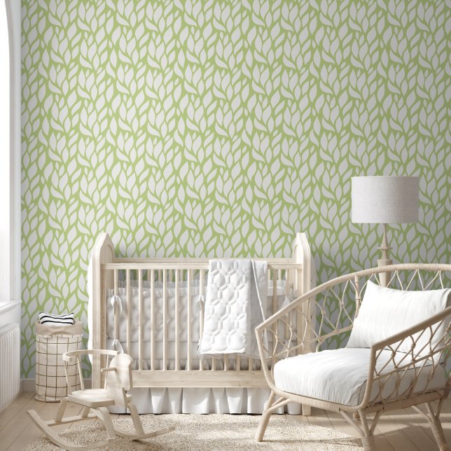 Papel Pintado Patrón de hoja verde-blanca (Niños)