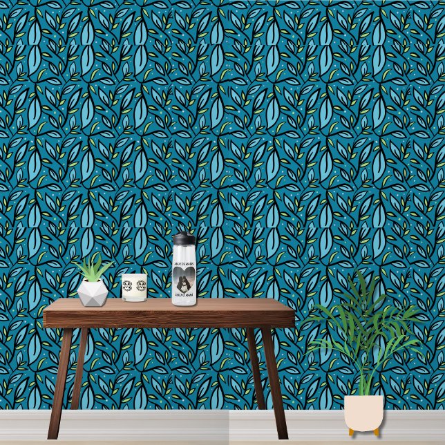 Papel Pintado Patrón de hojas azules (Blue Leaves bilingual Wallpaper, modern home decor,  add text in Spanish "multilingual Project")