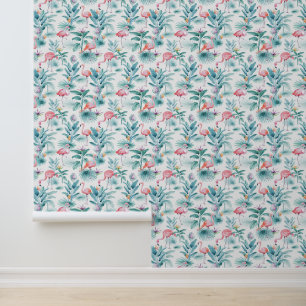 Papel Pintado Patrón de hojas tropicales de flamencos rosados