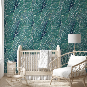 Papel Pintado Patrón de hojas tropicales Verde azuladas verdes d